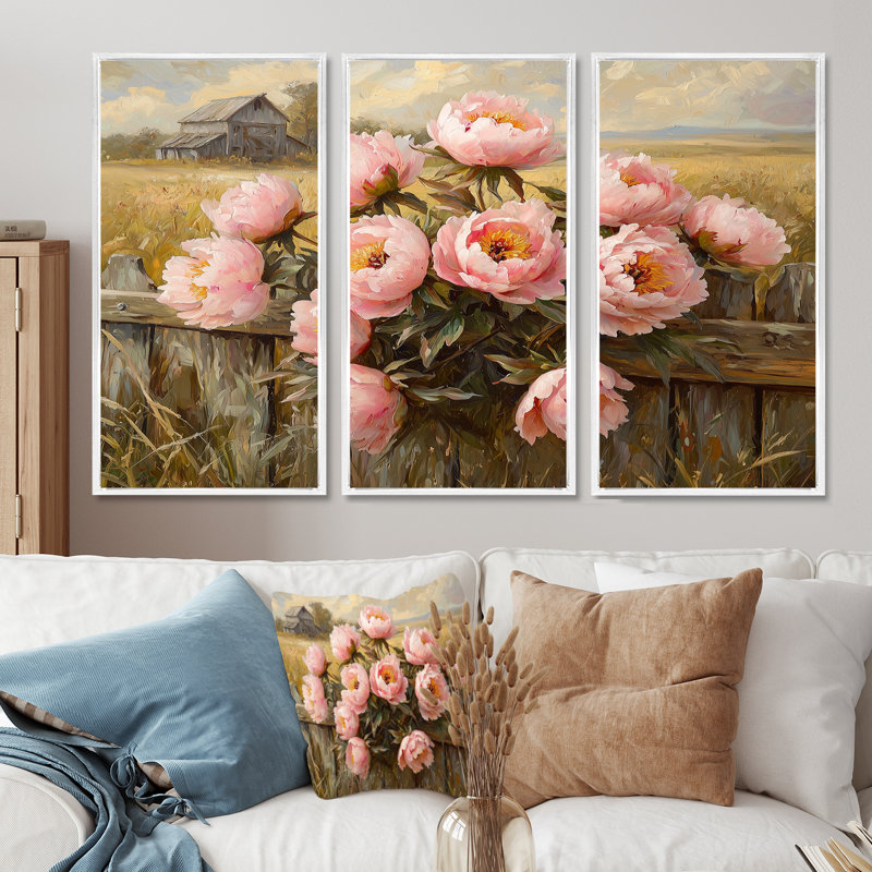Pivoines par la clôture de la ferme I - art mural pivoines - ensemble de 3, Impression encadrée sans passe-partout, Blanc