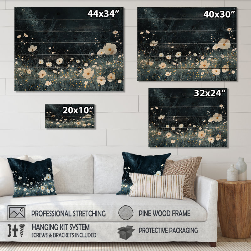 Motif de fleurs blanches blanches Mid Night Meadow - fleurs sauvages en bois sur bois de pin naturel