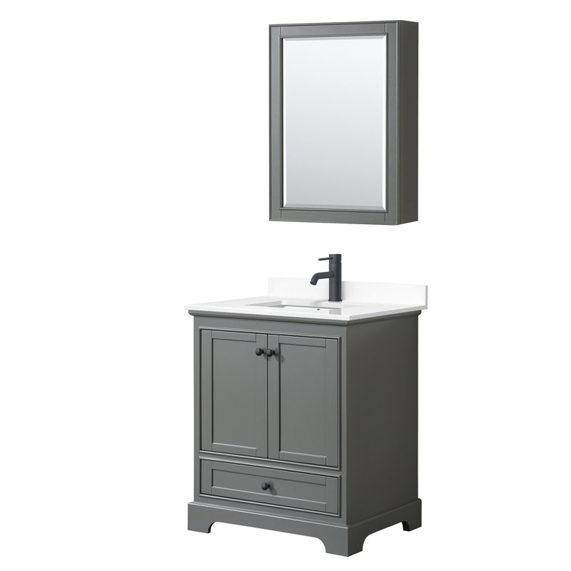 Ensemble de meuble-lavabo simple 30 "avec miroir Deborah, Marbre de culture blanc, Gris foncé, Noir mat