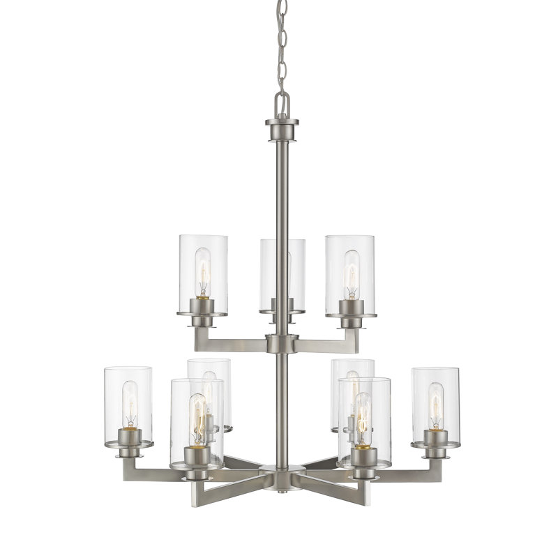 Lustre 9 lumières à abat-jour Attah, Nickel brossé