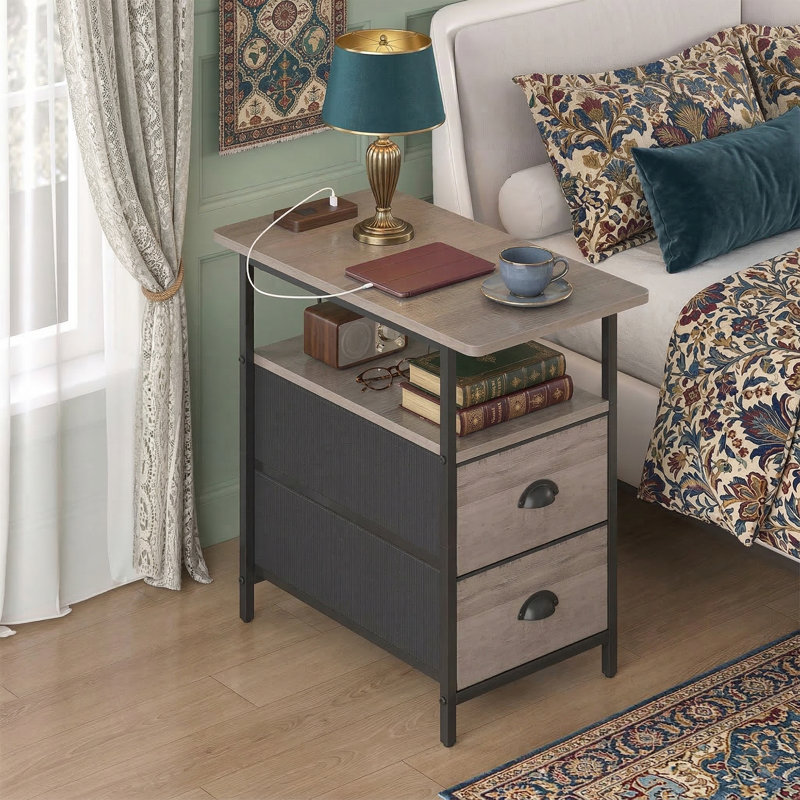 11.75" Narrow End Table With Charging Station - Slim Side Table With 2 Fabric Drawers & USB Ports - White Nightstand For Small Spaces
