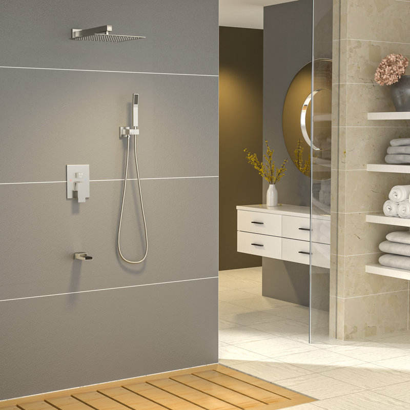 10" Wall Mounted Rainfall Shower Head and Handheld Shower Faucet and System with Rough-in Valve, Brushed Nickel
