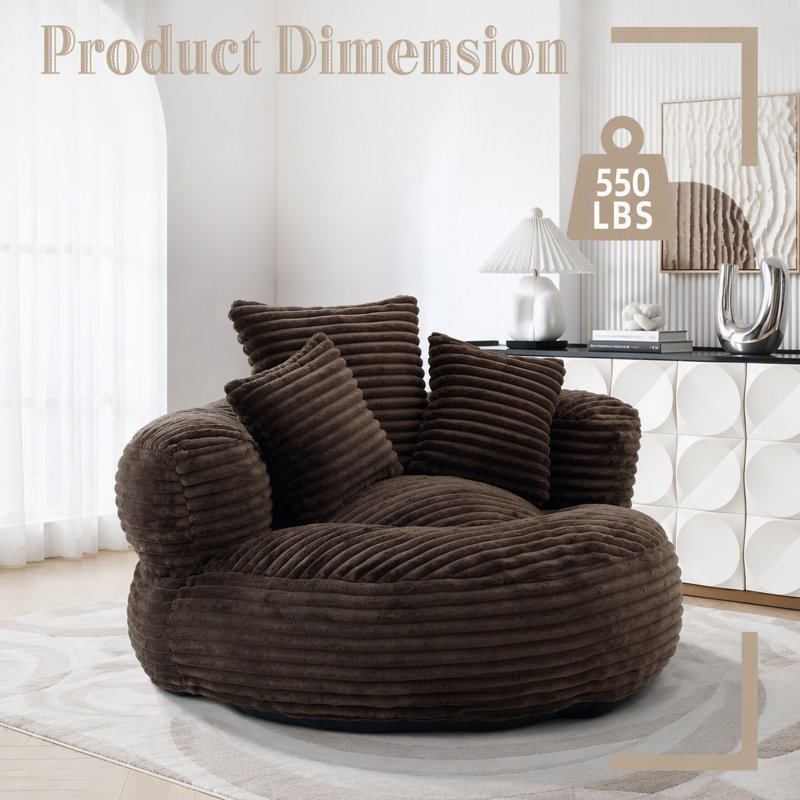 Pouf individuel avec 3 coussins et accoudoirs, Velours côtelé café
