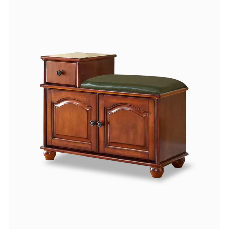 Solid Rubberwood Shoe Cabinet with Seating, Green/Brown