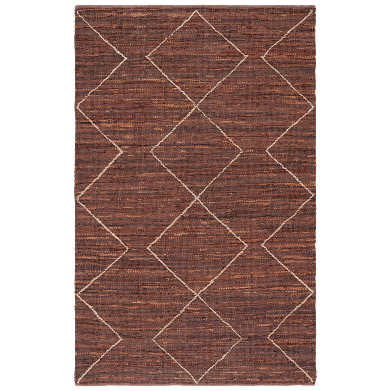 Vintage Leather Hand Woven Leather/Jute/Cotton Geometric Rug in Brown/Natural, Rectangle 5' x 8'