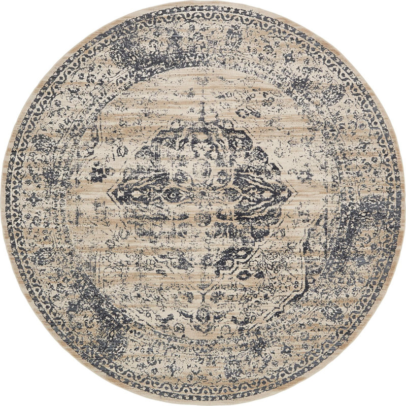 Tapis oriental bleu foncé, beige, ivoire et gris Arkeen, Rond 6 pi 1 po