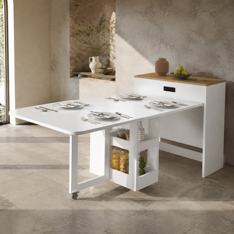 Table de salle à manger extensible avec placard de rangement, prise électrique et roulettes verrouillables, dimensions dépliée : 188 cm (74 pouces), noyer naturel