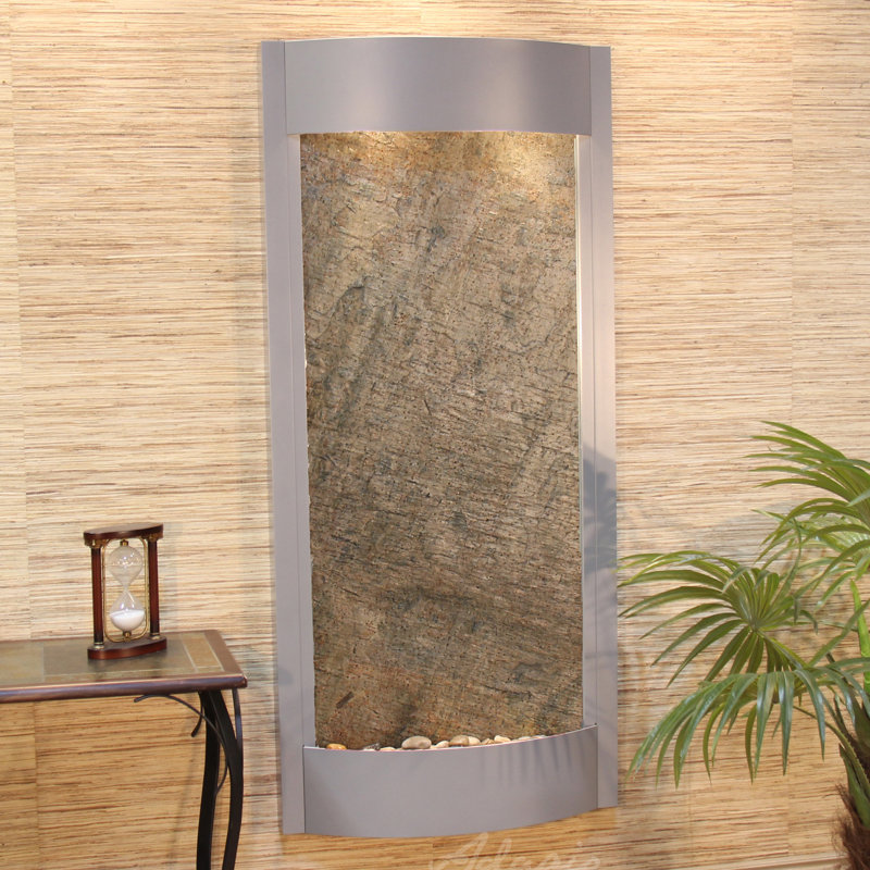 Pacifica Waters Indoor Natural Stone Waterfall Fountain with Lights, Green Feather, Silver Metallic