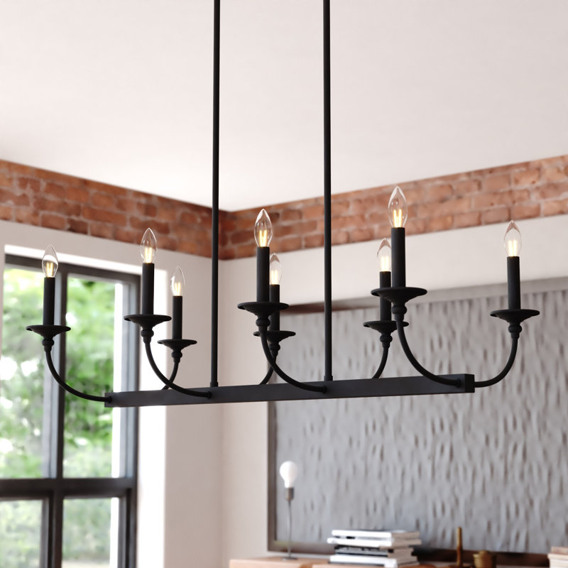 Durham 8-Light 36 In. Wide Matte Black Transitional Candle Kitchen Island Pendant Fixture, LED Compatible, Adjustable Height, Hanging Ceiling Linear Chandelier For Dining Table, Entryway, Foyer