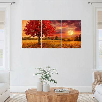 Arbre d'automne avec feuilles rouges et pleine lune, impression sur toile tendue sur toile, ensemble de 3