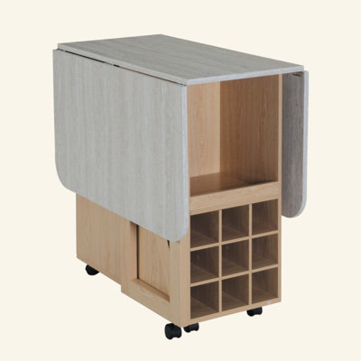 Folding Dining Table with Storage Cabinet & Shelves, Mobile Space-Saving Kitchen Table for Small Spaces