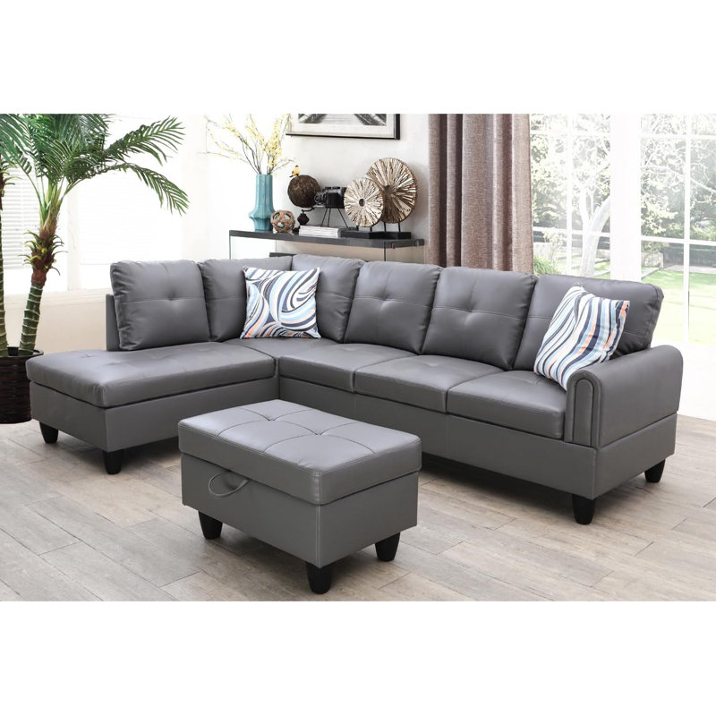 3-Piece Faux Leather Sectional Sofa, Dark Gray Faux Leather