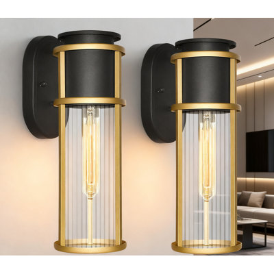 Ensemble de 2 luminaires d'extérieur imperméables et d'extérieur avec verre à nervures transparent, applique murale moderne pour porche, patio, garage et porte d'entrée