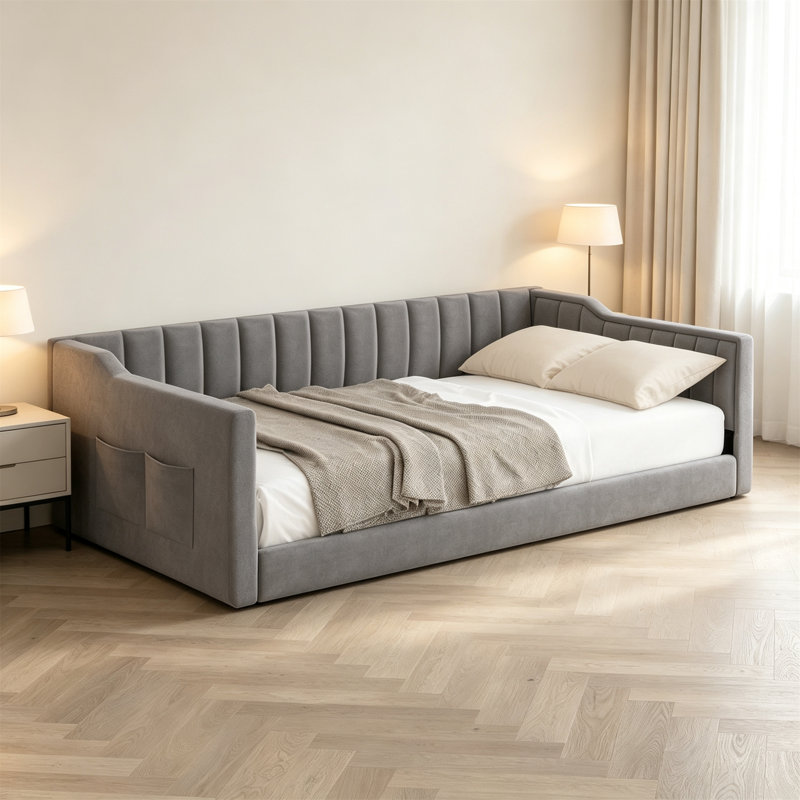 Twin XL Size Upholstery Daybed And Side Storage Pocket