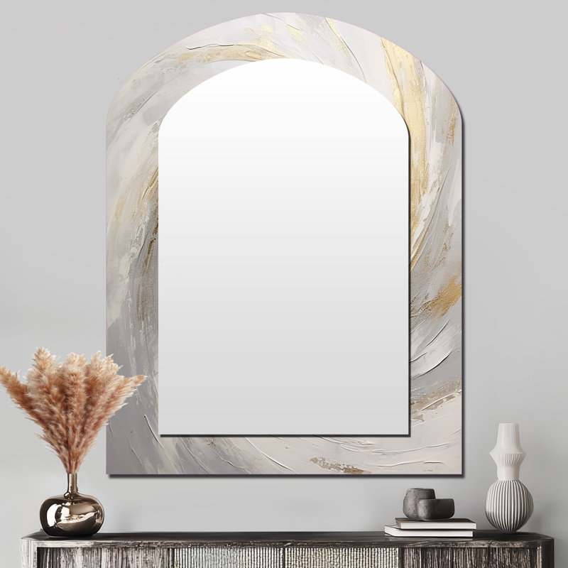 Gold And White Soft Wave Vortex V - Large Arched Wall Mirror On Metal, 43" x 33"