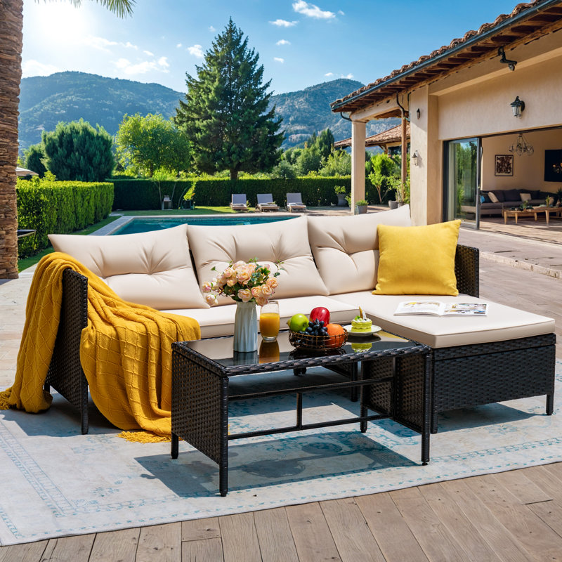 3-piece Outdoor Rattan Sectional Sofa Set Patio Wicker Rattan Conversation Furniture Set, Steel Frame & Seat Cushion, Perfect for Garden Lawn Pool Backyard