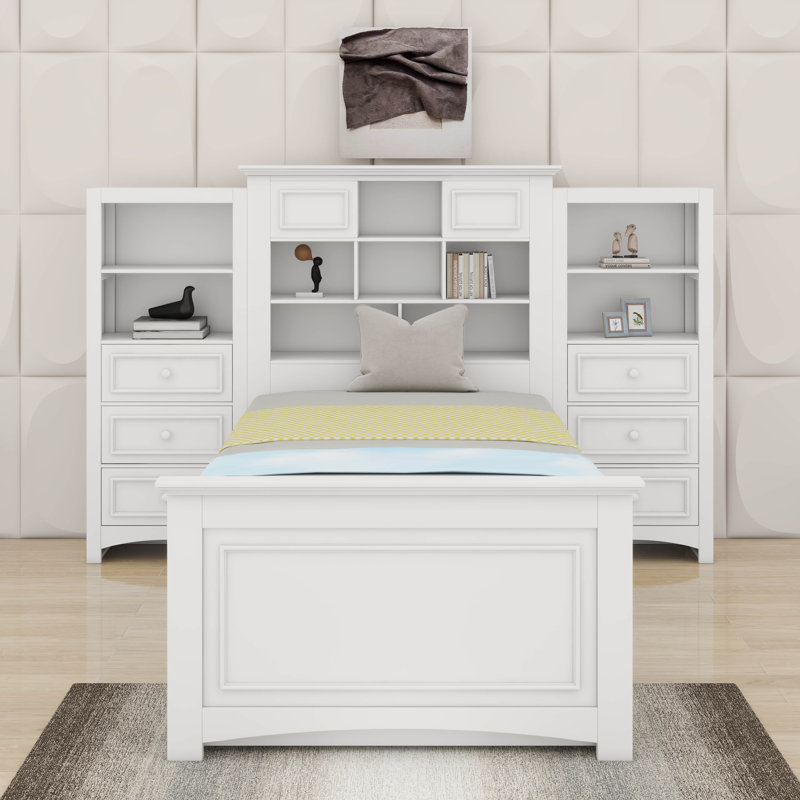 Lit plateforme simple en bois avec armoire verticale et tiroirs, Blanc