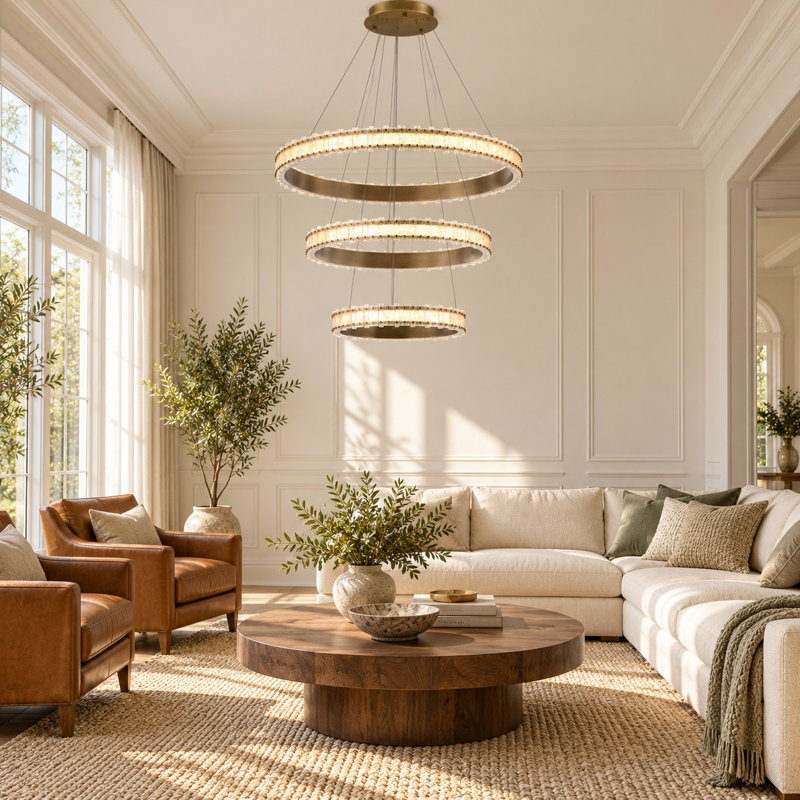 43.75" Modern Urban Bronze 3-Tier Glass Ring LED Chandelier with Dimmable 3CCT Lighting, 3, Laiton antique