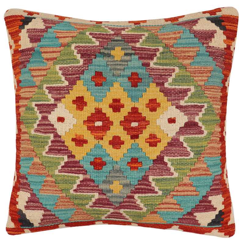 Coussin kilim tissé à la main Southwestern Quirk, H 19 po x l 20 po, Rouille / bleu / beige / doré