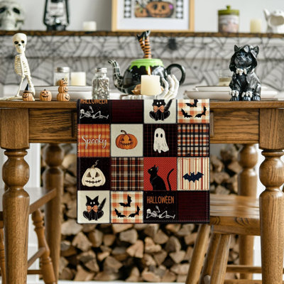 Chemin de table 210 g / m² Halloween 13 x 108 pouces | Décoration de table de salle à manger de cuisine de chat noir