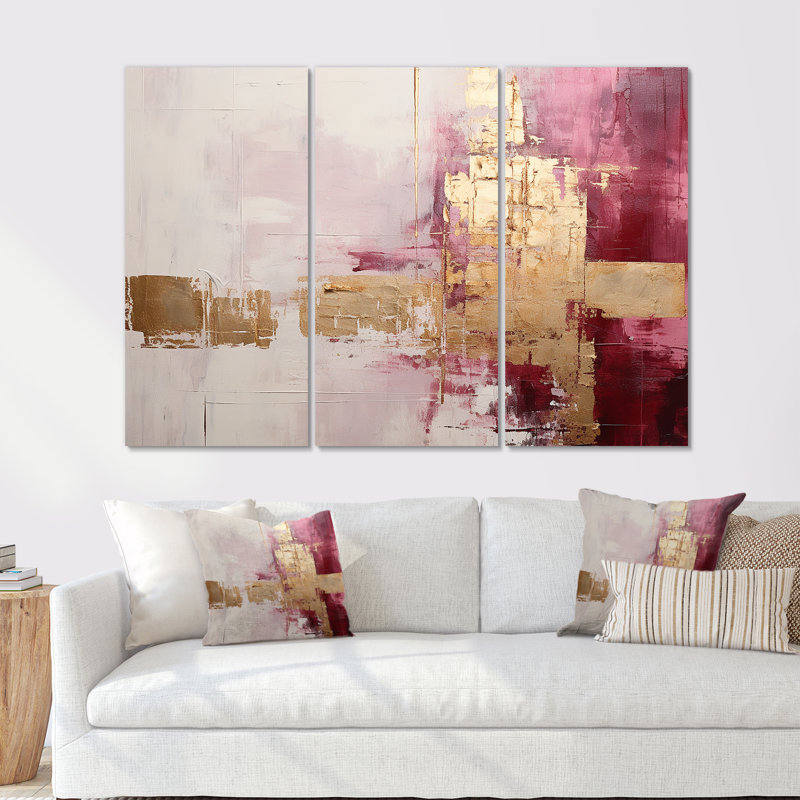 Minimalisme rose et or horizon - ensemble de reproductions d'art abstrait mural, Toile tendue, H 32 po x l 48 po x P 1 po