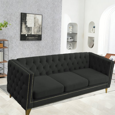Canapé en velours gris avec velours à boutons et pieds en métal - canapé moderne à accoudoirs carrés pour le salon ou la chambre à coucher, W834S00020