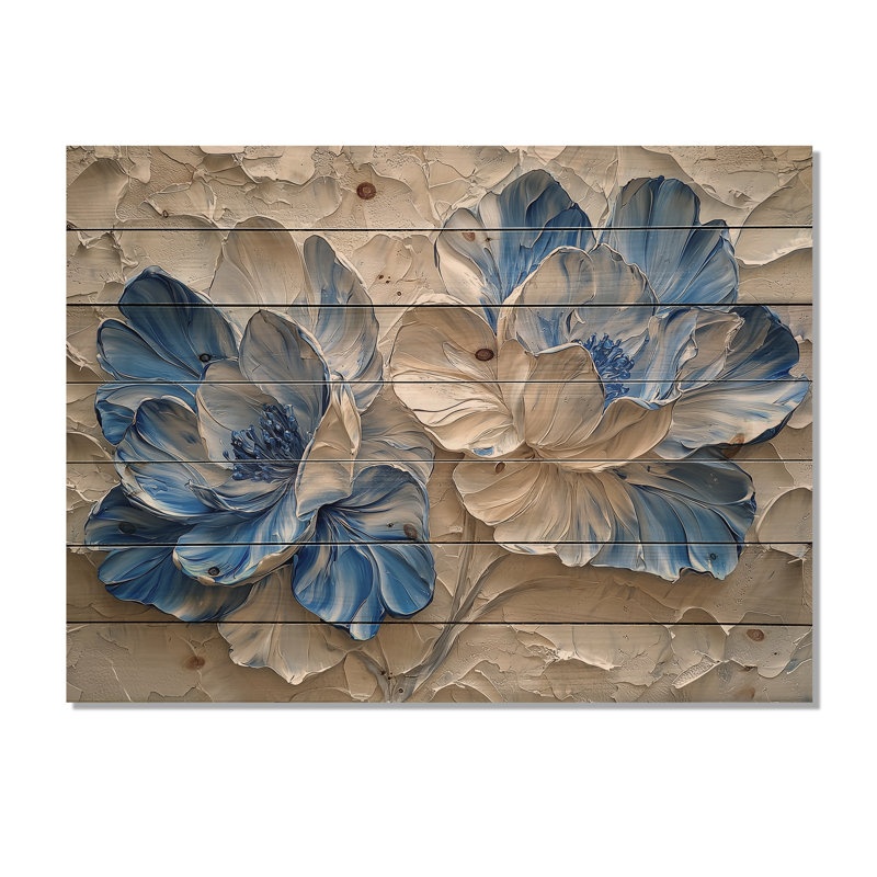 Velours crème bleu Rhododendron chemin III - décoration murale en bois de rhododendron - sur bois de pin naturel