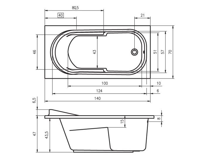 x Soaking Acrylic Bathtub, 75cm H x 155cm L x 85cm D