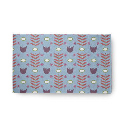 Tapis floral tissé à la machine en chenille bleu / rouge / mauve