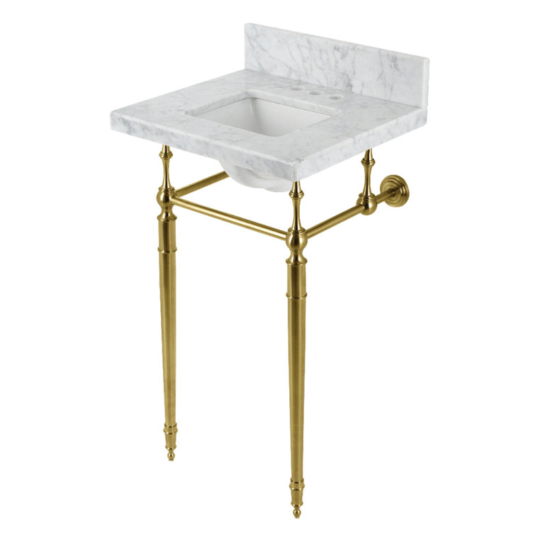 Edwardian White/Gold Metal Rectangular Console Bathroom Sink with Overflow