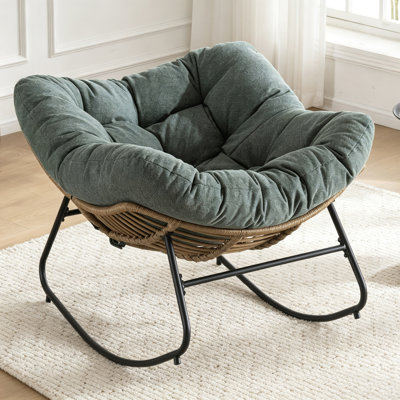 Oversize Egg‑Shaped Wicker Rocking Chair, Papasan Rocker with Thick Soft Fabric Cushion, Powder‑Coated Metal Frame, Anti‑Slip Foot Pads, Indoor Outdoor Rocking Chair for Porch, Balcony, Living Room & Bedroom