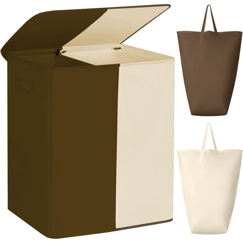 Double Laundry Baseket With Lid And Removable Laundry Bags,154L Large Laundry Hamper 2 Section Collapsible Dirty Clothes Hamper For Laundry Room,College Dorm,Bathroom,Brown And Beige