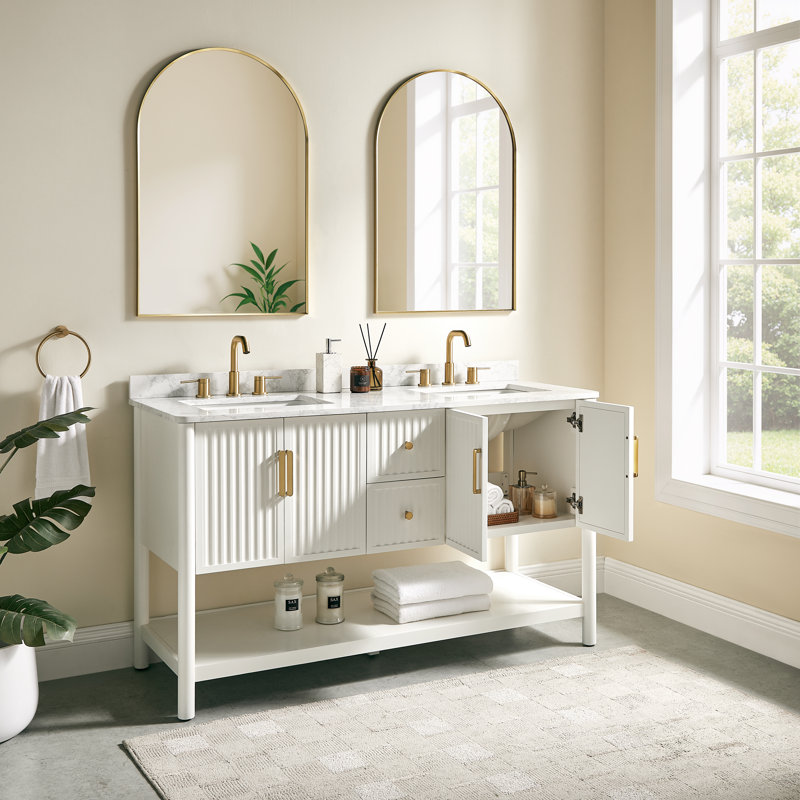 60" Double Sink Bathroom Vanity With Engineered Marble Top, 2 Drawers & 4 Doors, Soft-Close Hardware, U-Shaped Storage Design, Matte Warm White Finish, Fully Assembled