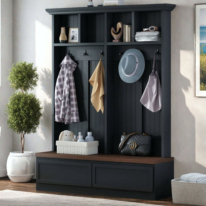 Farmhouse 4-In-1 Hall Tree With Wood Grain Bench And Storage Drawers, Black, Black/Dark Walnut