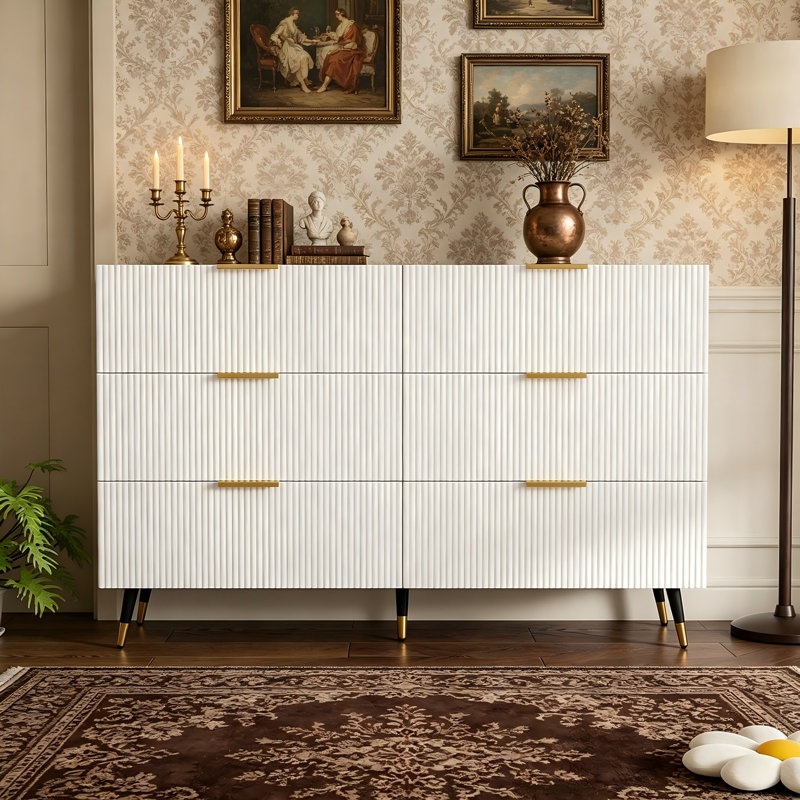 Modern Fluted 6-Drawer Standard Accent Cabinet with Gold Handles Storage Sideboard, White