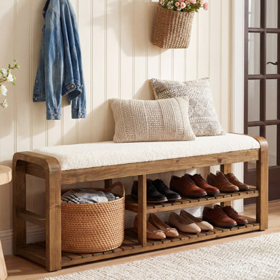 55" Solid Wood Shoe Storage Bench with Removable Cushion, 2-Tier Farmhouse Entryway Shoe Rack, End of Bed Storage Upholstered Bench for Hallway, Bedroom