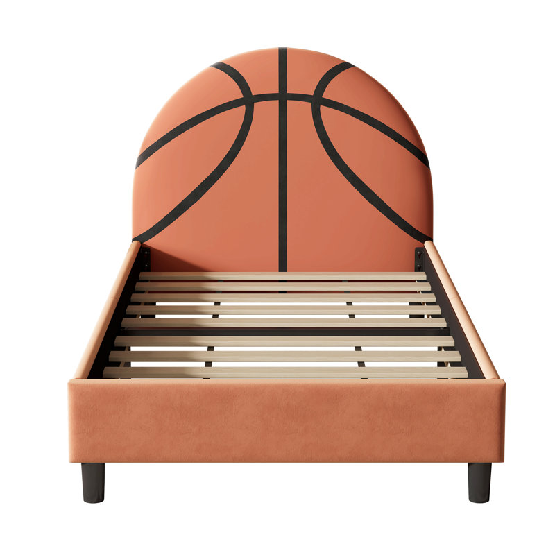 Lit plateforme tapissier Basketball Design pour enfants, orange
