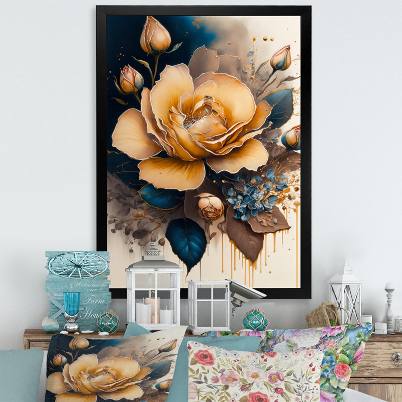 «Yellow and Blue Roses II», reproduction sur toile, H 44 po x l 34 po x P 1,5 po, Cadre photo noir