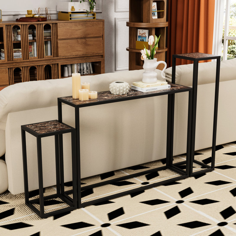 Table étroite à haut rebord enveloppé pour l'entrée, le salon, avec un aspect de marbre rétro, peu encombrant, construction stable, multi, pieds réglables, table d'entrée facile à assembler, couloir, balcon, etc.