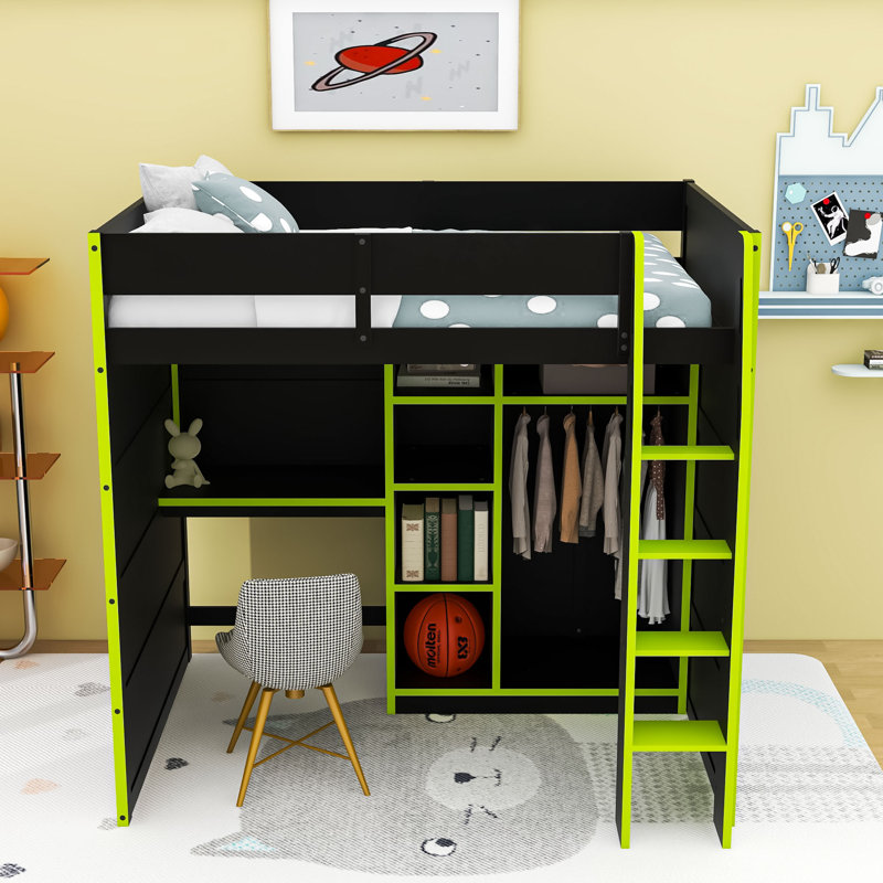 Lit mezzanine avec bureau, garde-robe et lumières RVB, Vert