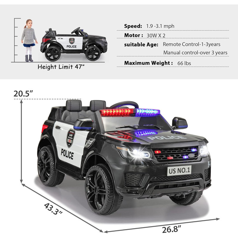 12V Black Police SUV Ride-On Car with Remote Control