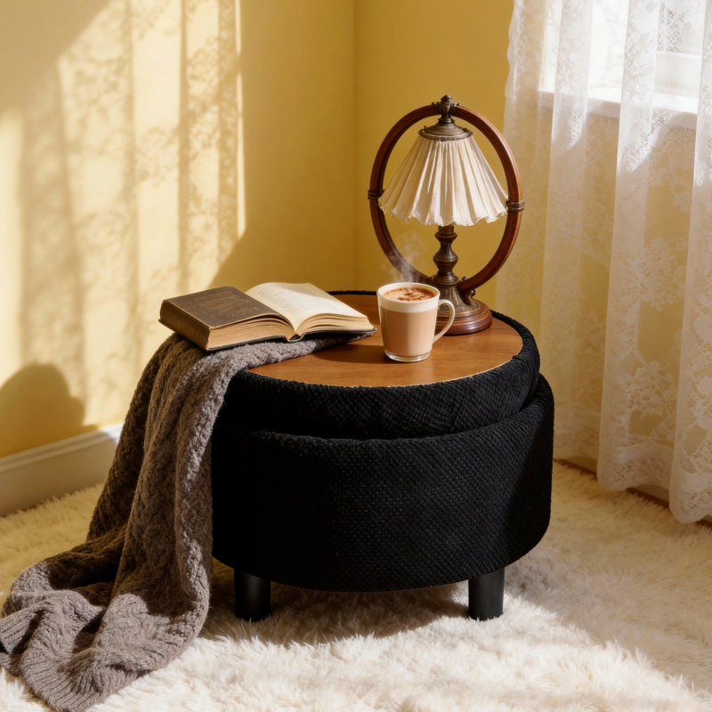 Repose-pieds de rangement rond 25 "avec plateau, capitonné - noir, Black