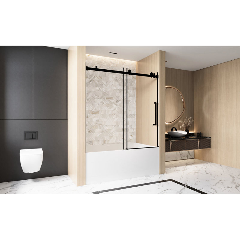 Matt Black Single Sliding Shower Door 56 - 60 "W X 60" H, 1/4 " 6 Mm  Tempered Glass, Proof Film, Stainless Steel Handle, Square Tube Track, American Bathroom Style, Large Wheels For Smooth And