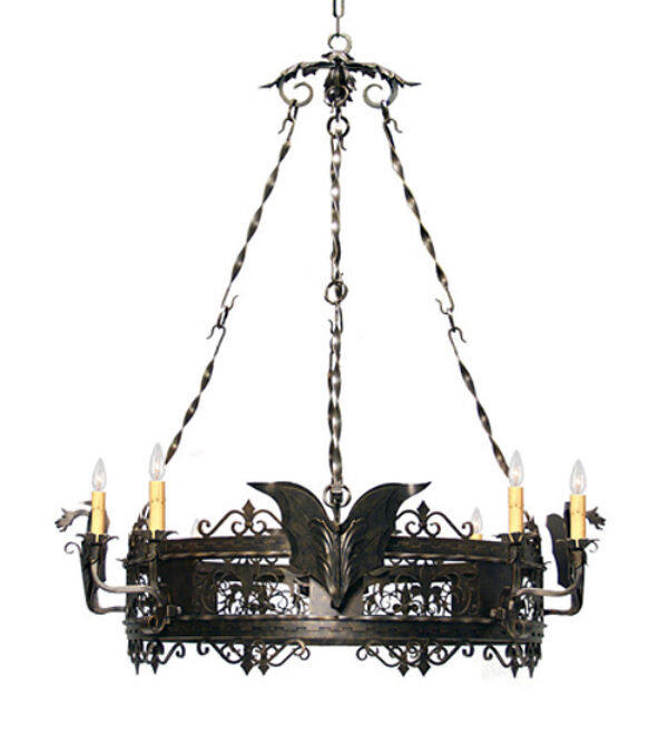 Lustre en roue de chariot unique et remarquable à 8 lumières Dragone, Étain noirci, Trompette noire