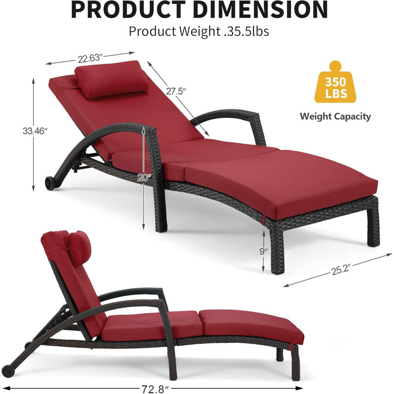 Lounger Set 2 Pieces Adjustable 5 Positions Outdoor PE Rattan Wicker Patio Pool Lounge Chair, Wine Red