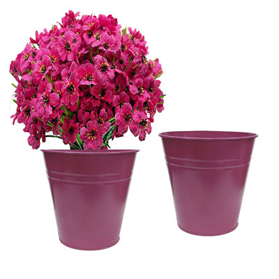 Enameled Galvanized Steel Planter, Vase For 8" Plants, Dusty Rose. Set Of Two