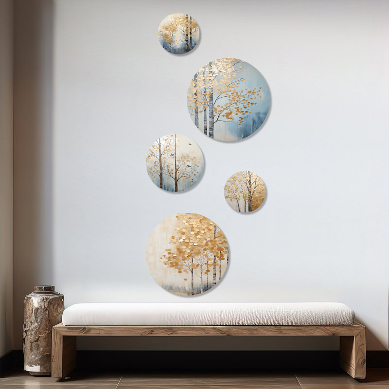 Minimalisme «Golden Trees Harmony» - ensemble d'art mural rond 5 arbres