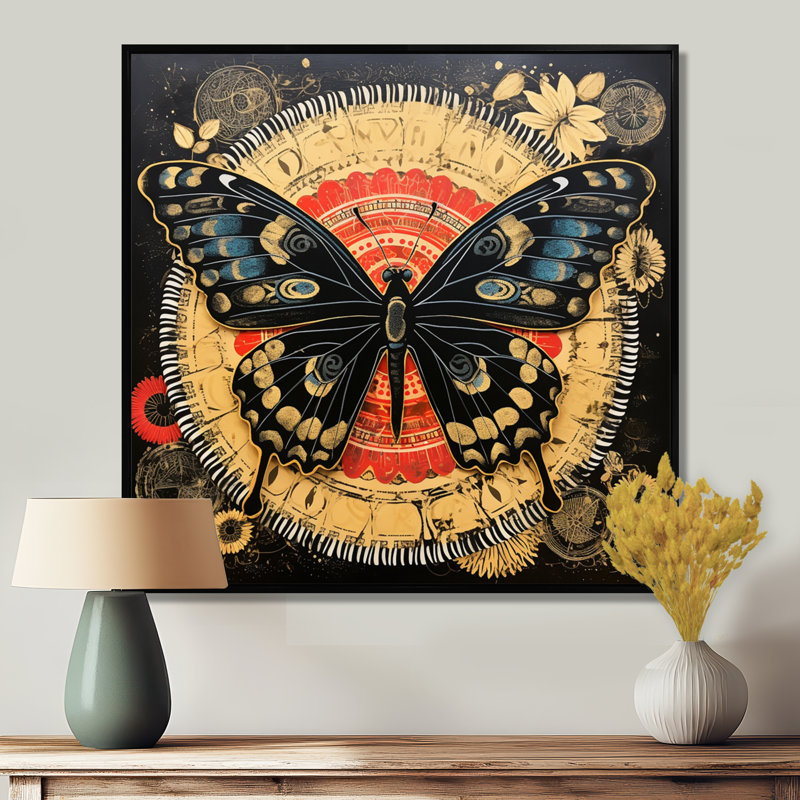Monarque collage sur sceau doré Glam - papillon, art mural, salon, Toile avec cadre noir, H 16 po x l 16 po x P 1 po