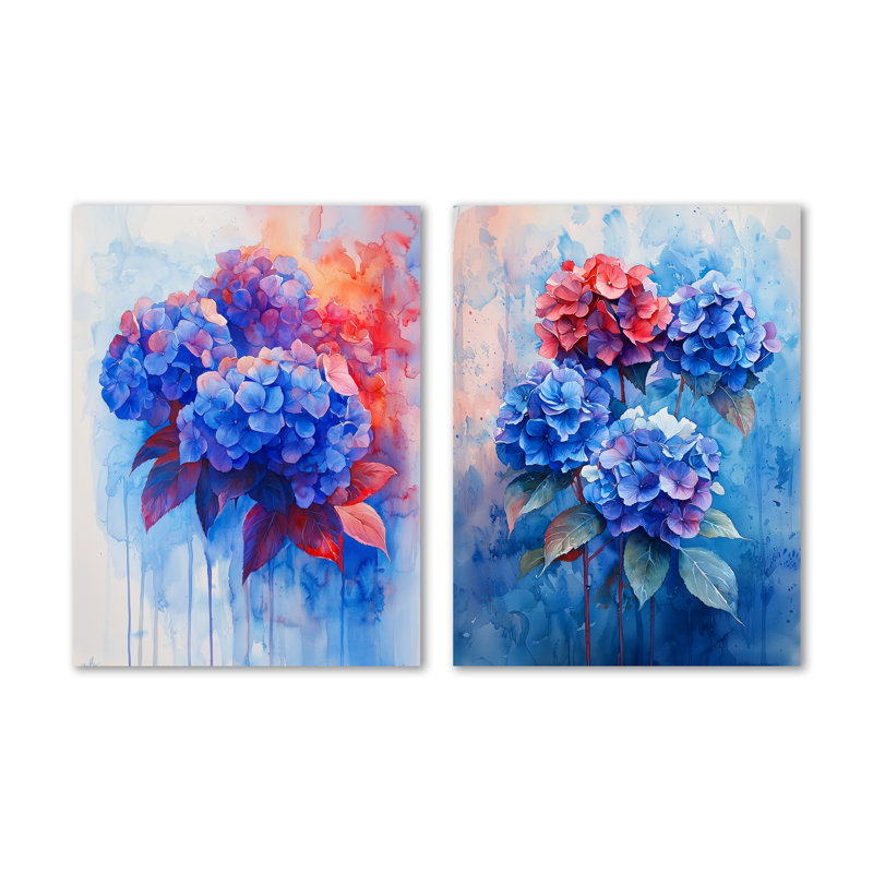 Hortensia bleu et rouge dans un style hortensia de style graffiti I - ensemble de 2 reproductions d'art murales florales en métal