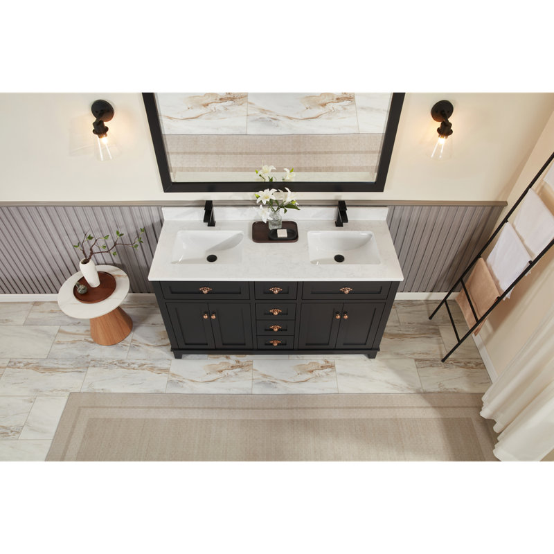 60" Finish Solid Wood Sink Vanity With 1' Artificial Stone Top, Rose Gold, Tricorn Black